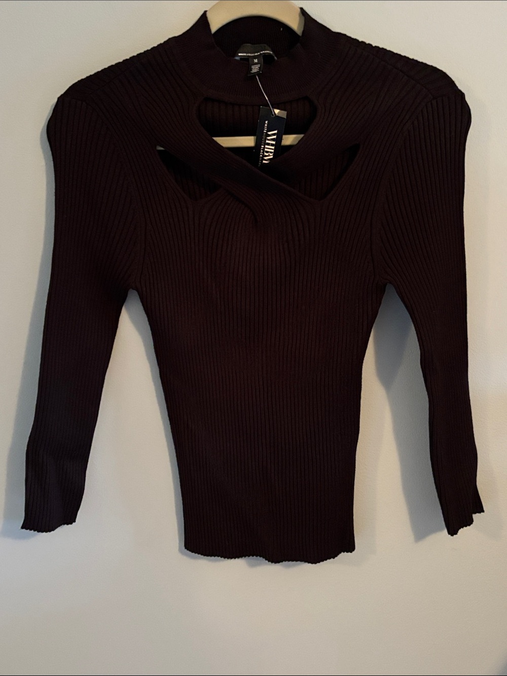White House Black Market Ribbed Cutout Long-Sleeve Top in black